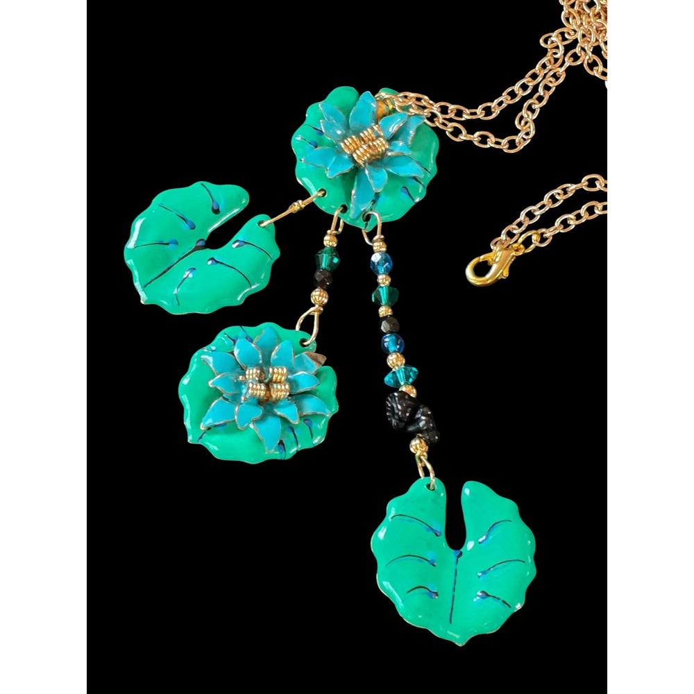 Lunch At The Ritz Lily Pad Green Leaf Dangle Necklace 1988 Vintage Statement